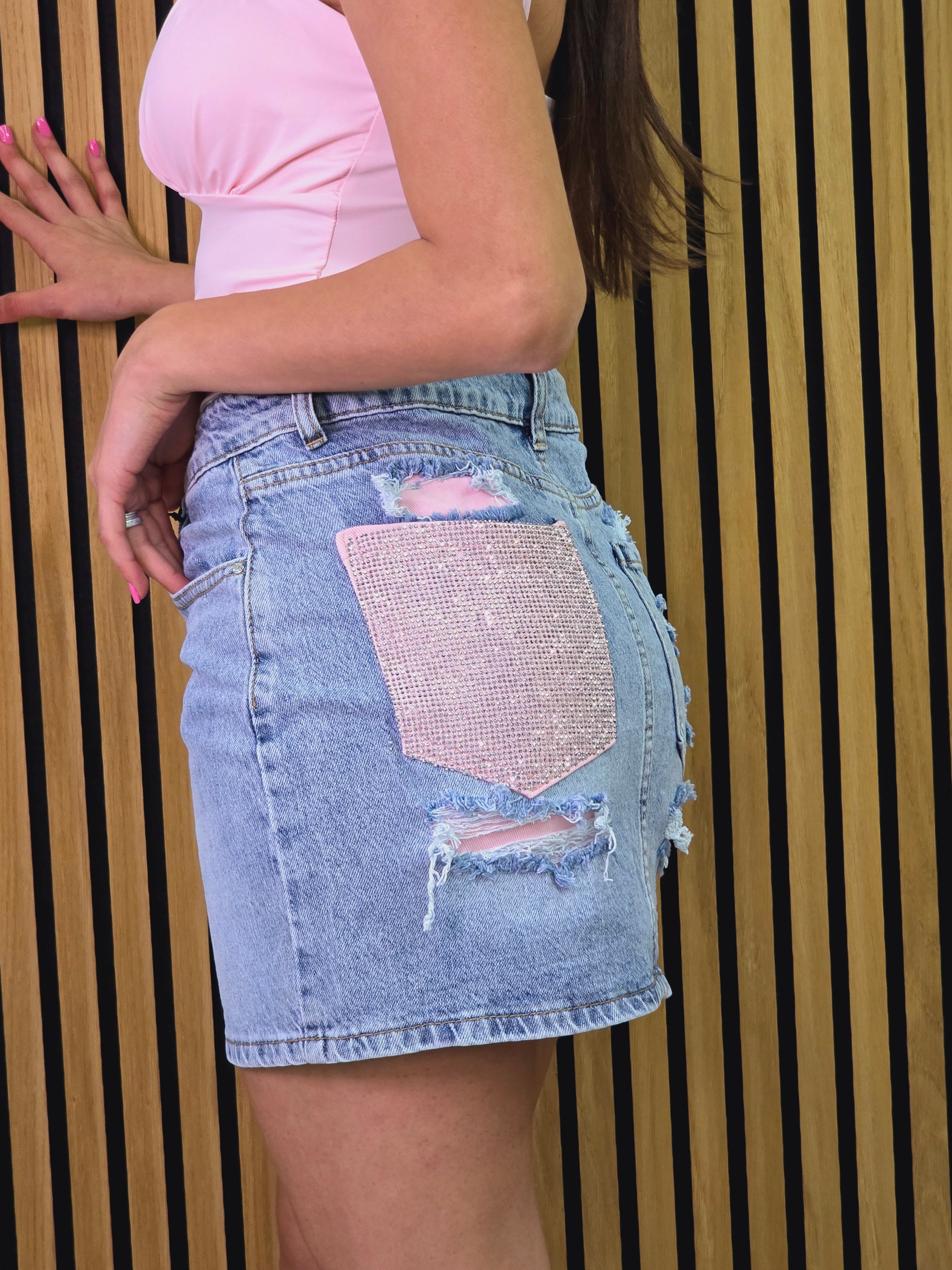 👉 Gonna jeans con tasca glitterata rosa – Vita alta
