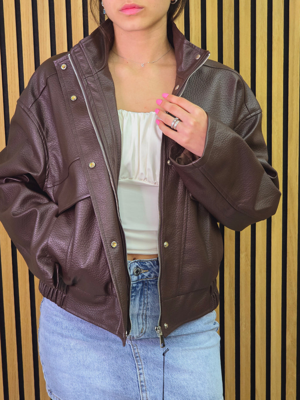 👉 Giacca donna ecopelle marrone oversize – stile casual chic
