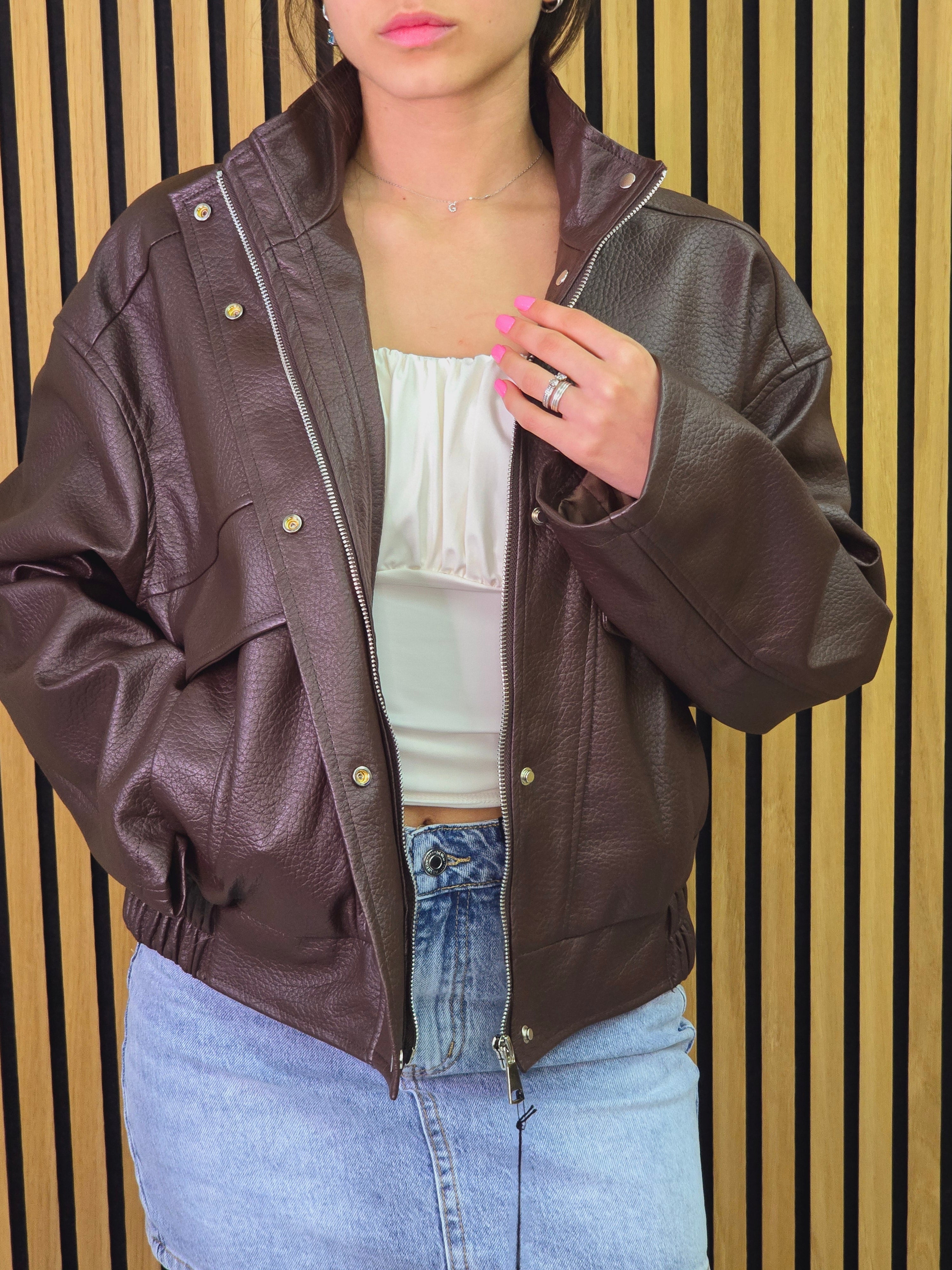 👉 Giacca donna ecopelle marrone oversize – stile casual chic