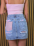 👉 Gonna jeans con tasca glitterata rosa – Vita alta
